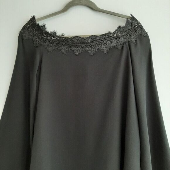 CAMI NYC / Silk Lace Trim Bell Sleeve A-Line Light Lined Blouse Top Black Sz M - Picture 2 of 14